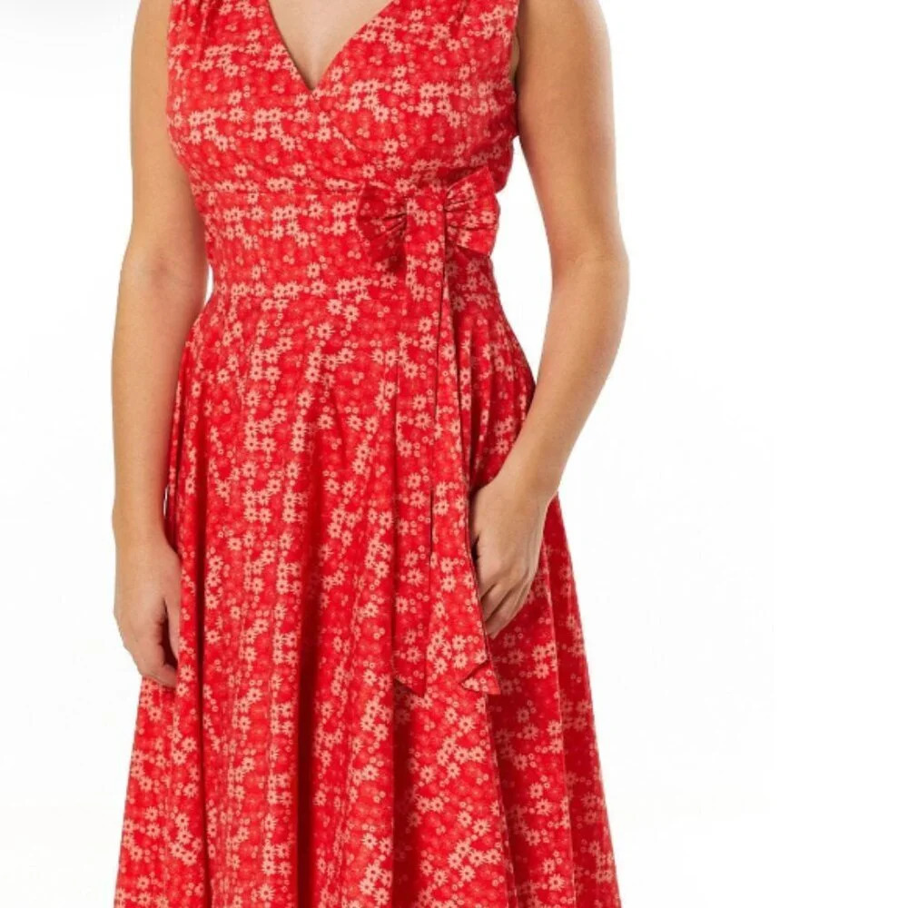 Unique Vintage Red Floral Print Hazel Swing Dress Sz US 10 #0083